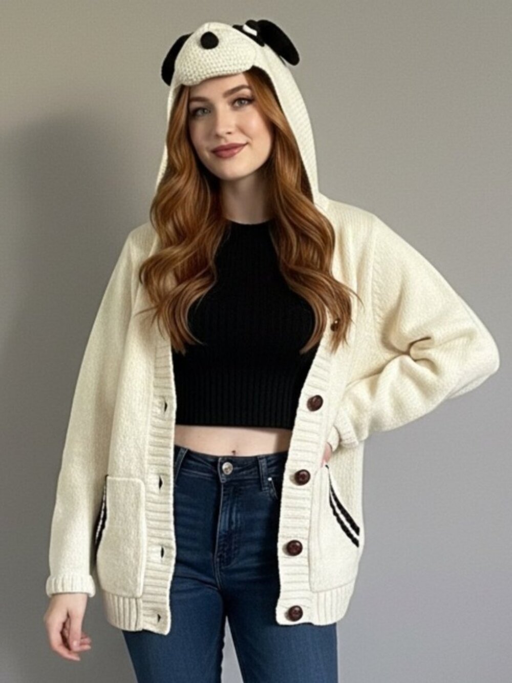 Vintage Puppy Hooded Wool Blend Cardigan Sweater - Small